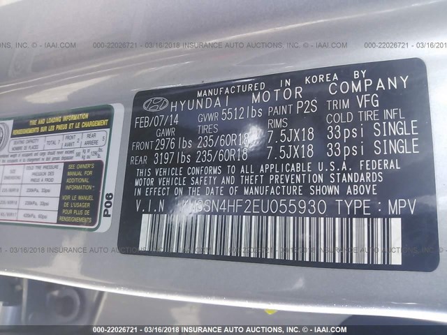 KM8SN4HF2EU055930 - 2014 HYUNDAI SANTA FE GLS GRAY photo 9