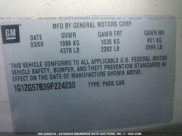 1G1ZG57B39F224230 - 2009 CHEVROLET MALIBU LS ოქროსფერი ფოტო 9