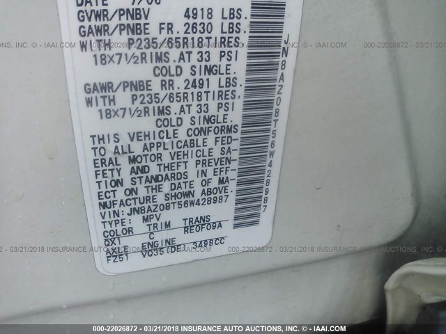 JN8AZ08T56W428987 - 2006 NISSAN MURANO SL/SE/S WHITE photo 9