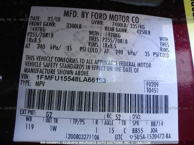 1FMFU15548LA66193 - 2008 FORD EXPEDITION XLT RED photo 9