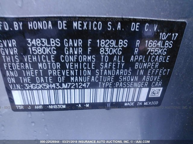 3HGGK5H43JM721247 - 2018 HONDA FIT LX SILVER photo 9