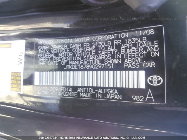 JTKDE167890297151 - 2009 TOYOTA SCION TC 黑色 照片 9