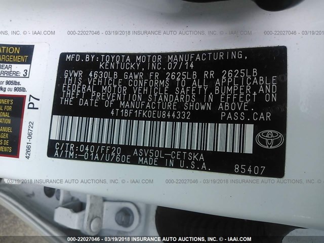 4T1BF1FK0EU844332 - 2014 TOYOTA CAMRY L/SE/LE/XLE 白色 照片 9