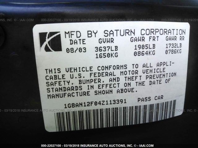 1G8AN12F04Z113391 - 2004 SATURN ION LEVEL 2 BLUE photo 9