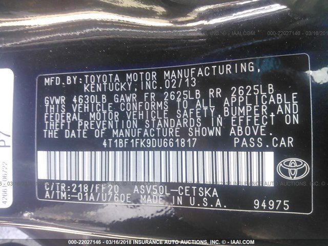 4T1BF1FK9DU661817 - 2013 TOYOTA CAMRY L/SE/LE/XLE 黑色 照片 9