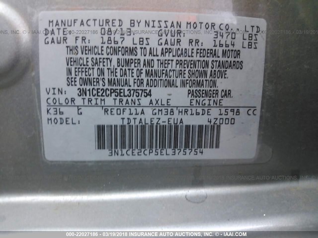 3N1CE2CP5EL375754 - 2014 NISSAN VERSA NOTE S/S PLUS/SV/SL BLACK photo 9