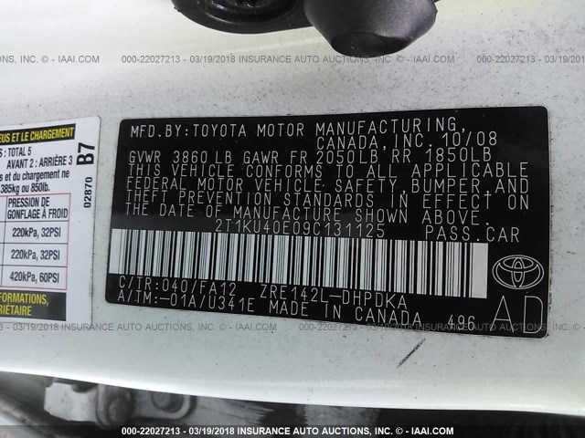 2T1KU40E09C131125 - 2009 TOYOTA COROLLA MATRIX  WHITE photo 9