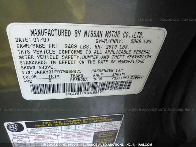 JNKAY01F97M458475 - 2007 INFINITI M35 SPORT GRAY photo 9