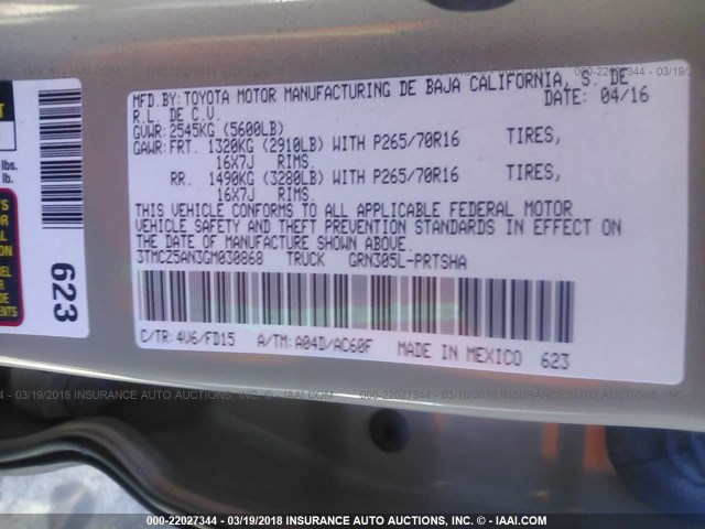 3TMCZ5AN3GM030868 - 2016 TOYOTA TACOMA DBL CAB/SR/SR5/TRD SPT/OR TAN photo 9