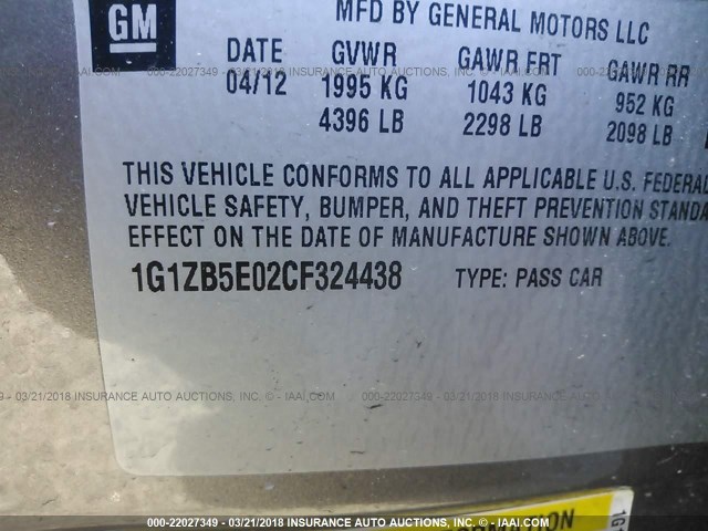 1G1ZB5E02CF324438 - 2012 CHEVROLET MALIBU LS 白色 照片 9