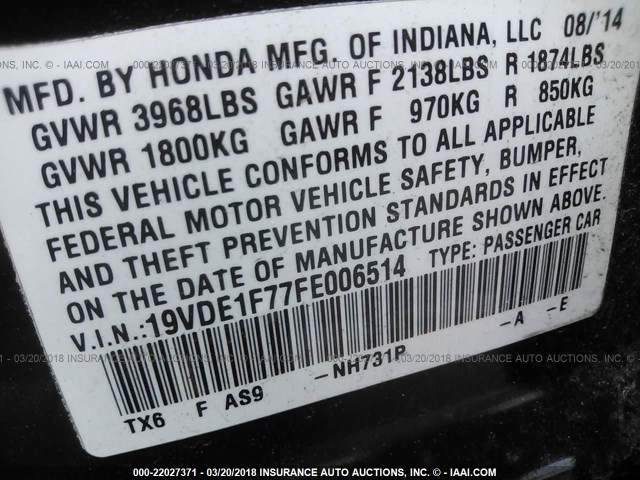 19VDE1F77FE006514 - 2015 ACURA ILX 20 TECH BLACK photo 9