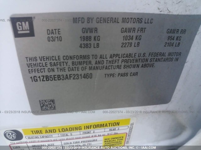 1G1ZB5EB3AF231460 - 2010 CHEVROLET MALIBU LS 白色 照片 9