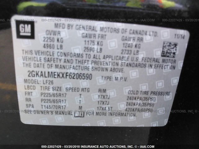 2GKALMEKXF6206590 - 2015 GMC TERRAIN SLE BLACK photo 9