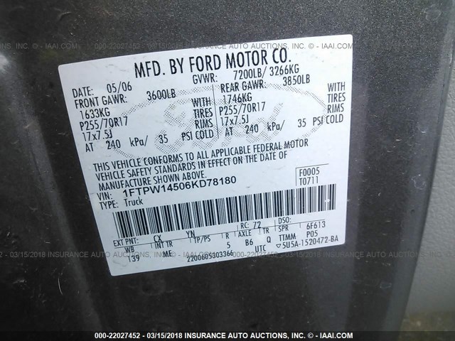 1FTPW14506KD78180 - 2006 FORD F150 SUPERCREW GRAY photo 9