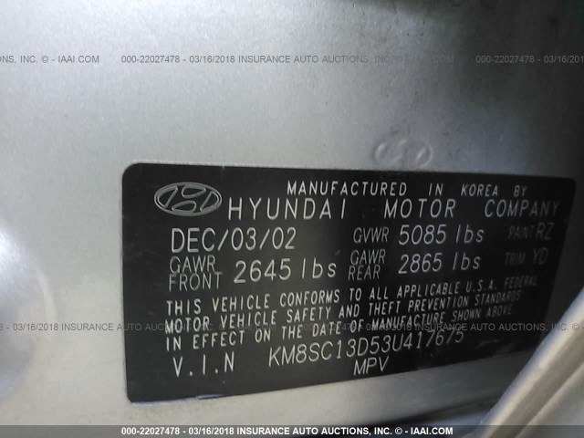 KM8SC13D53U417675 - 2003 HYUNDAI SANTA FE GLS/LX 银色 照片 9