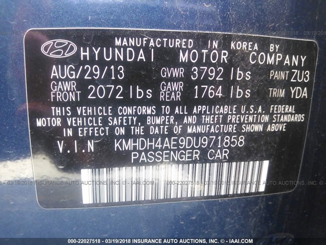 KMHDH4AE9DU971858 - 2013 HYUNDAI ELANTRA GLS/LIMITED BLUE photo 9