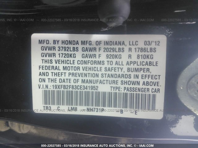 19XFB2F83CE341952 - 2012 HONDA CIVIC EX BLACK photo 9