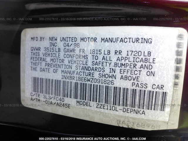 1NXBR18E6WZ091826 - 1998 TOYOTA COROLLA VE/CE/LE 勃艮第红 照片 9