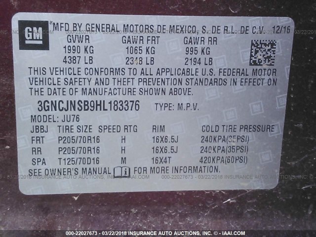 3GNCJNSB9HL183376 - 2017 CHEVROLET TRAX LS PURPLE photo 9