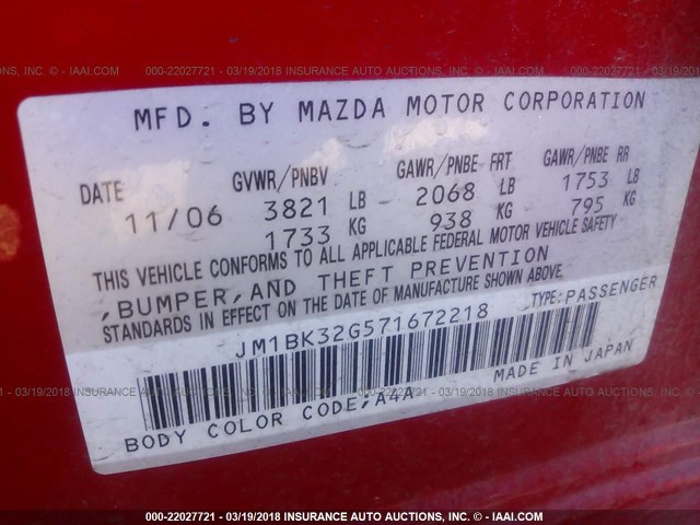 JM1BK32G571672218 - 2007 MAZDA 3 I RED photo 9