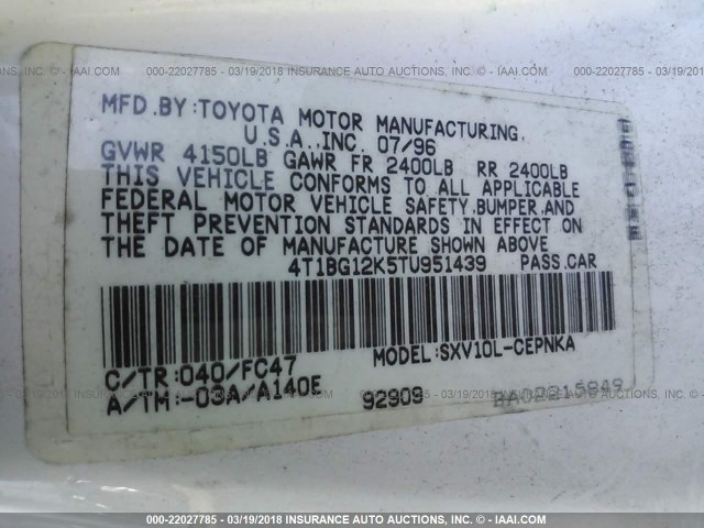 4T1BG12K5TU951439 - 1996 TOYOTA CAMRY DX/LE/XLE WHITE photo 9