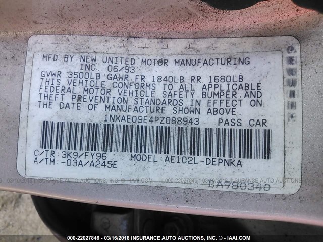 1NXAE09E4PZ088943 - 1993 TOYOTA COROLLA LE/DX ბეჟი ფოტო 9