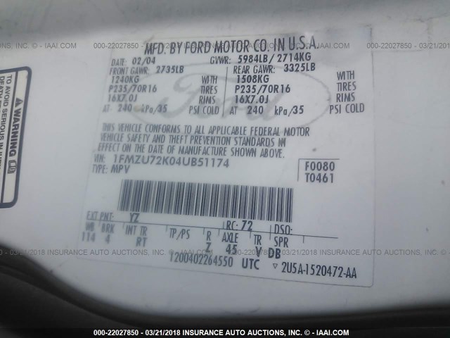 1FMZU72K04UB51174 - 2004 FORD EXPLORER XLS/XLS SPORT 白色 照片 9