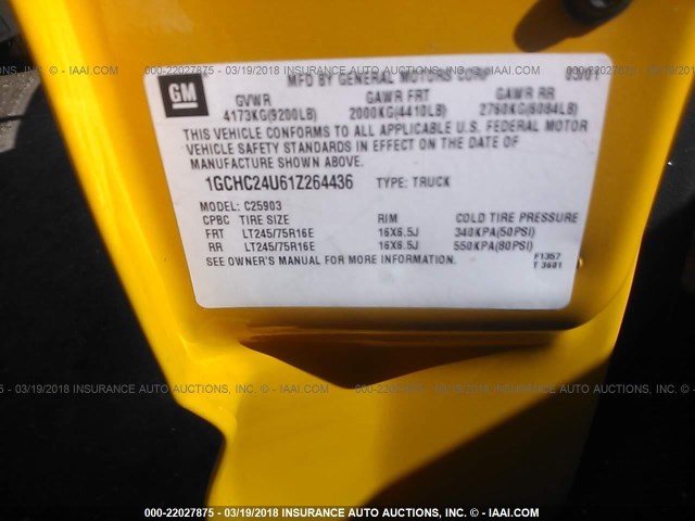 1GCHC24U61Z264436 - 2001 CHEVROLET SILVERADO C2500 HEAVY DUTY YELLOW photo 9