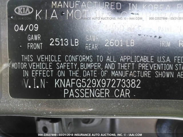 KNAFG529X97273382 - 2009 KIA RONDO LX/EX GRAY photo 9