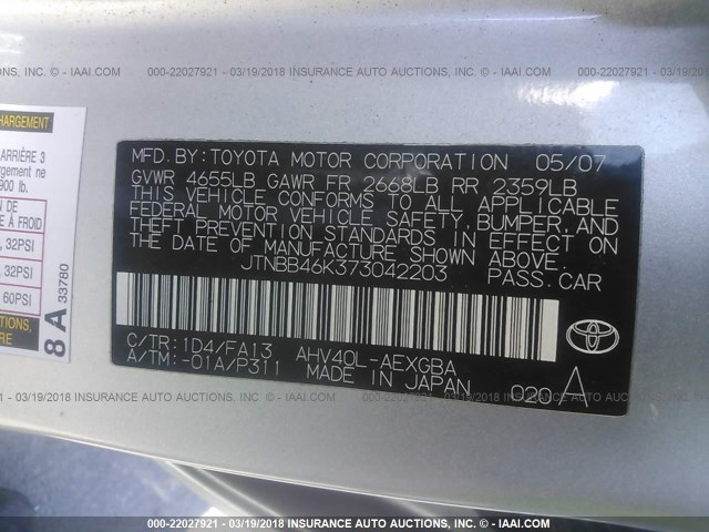 JTNBB46K373042203 - 2007 TOYOTA CAMRY NEW GENERAT HYBRID SILVER photo 9