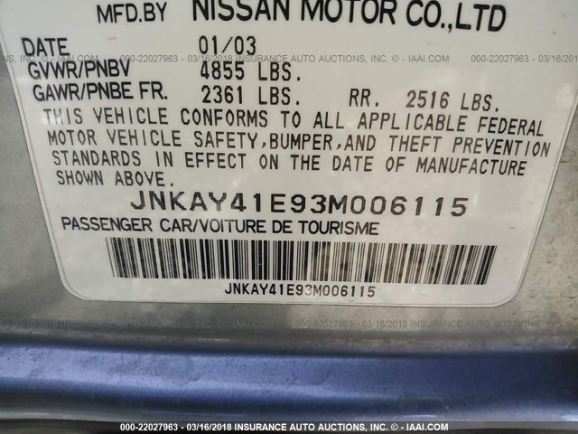 JNKAY41E93M006115 - 2003 INFINITI M45 SILVER photo 9