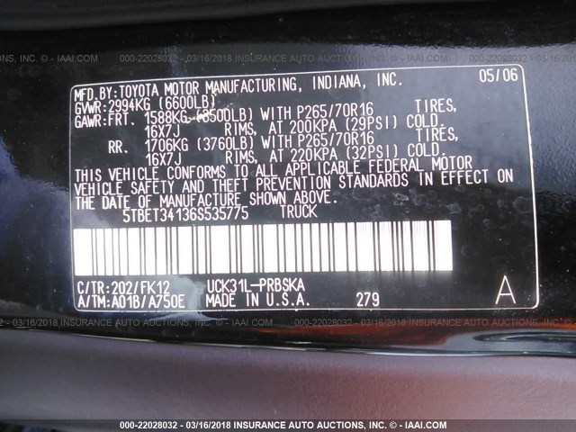 5TBET34136S535775 - 2006 TOYOTA TUNDRA DOUBLE CAB SR5 BLACK photo 9