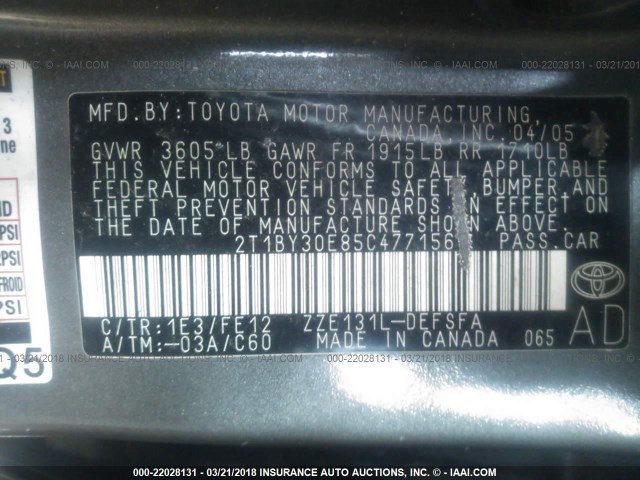 2T1BY30E85C477156 - 2005 TOYOTA COROLLA XRS GRAY photo 9