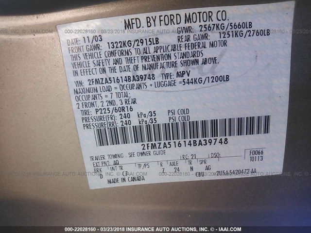 2FMZA51614BA39748 - 2004 FORD FREESTAR SE GOLD photo 9