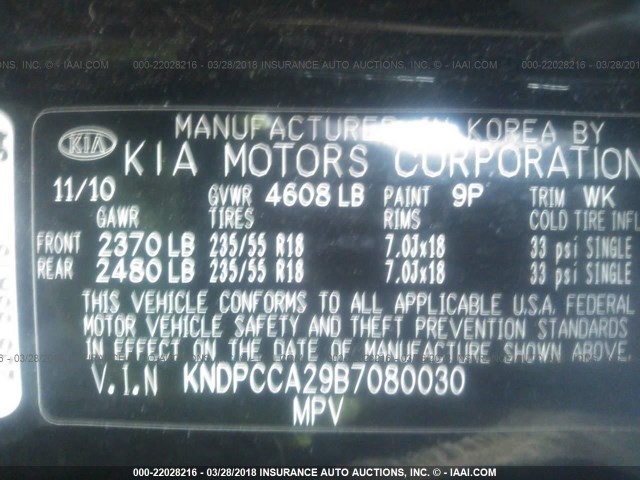 KNDPCCA29B7080030 - 2011 KIA SPORTAGE EX/SX BLACK photo 9