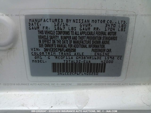 3N1CE2CP6FL405250 - 2015 NISSAN VERSA NOTE S/S PLUS/SV/SL/SR WHITE photo 9