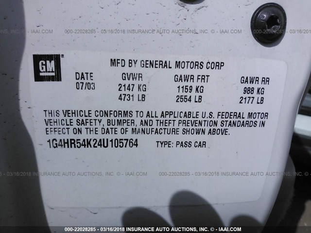 1G4HR54K24U105764 - 2004 BUICK LESABRE LIMITED WHITE photo 9