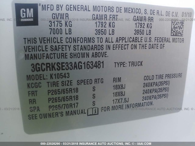 3GCRKSE33AG163481 - 2010 CHEVROLET SILVERADO K1500 LT WHITE photo 9