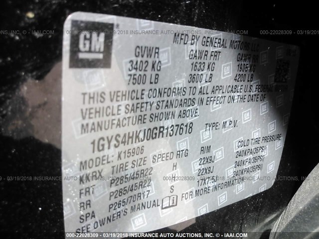 1GYS4HKJ0GR137618 - 2016 CADILLAC ESCALADE ESV LUXURY BLACK photo 9