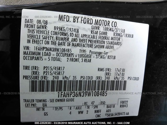 1FAHP36N39W108485 - 2009 FORD FOCUS SES BLACK photo 9