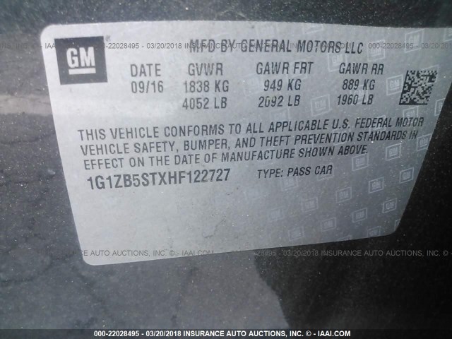 1G1ZB5STXHF122727 - 2017 CHEVROLET MALIBU LS 灰色 照片 9