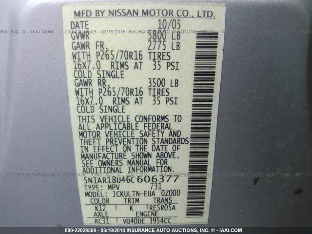 5N1AR18U46C606377 - 2006 NISSAN PATHFINDER LE/SE/XE SILVER photo 9