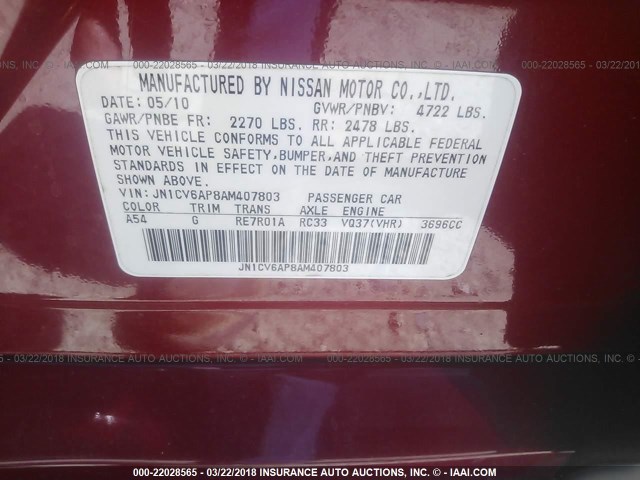 JN1CV6AP8AM407803 - 2010 INFINITI G37 SPORT RED photo 9