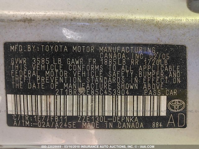 2T1BR32E85C453904 - 2005 TOYOTA COROLLA CE/LE/S SILVER photo 9