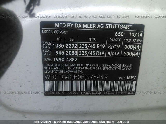 WDCTG4GB0FJ076449 - 2015 MERCEDES-BENZ GLA 250 4MATIC WHITE photo 9