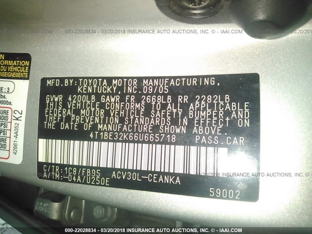 4T1BE32K66U665718 - 2006 TOYOTA CAMRY LE/XLE/SE ვერცხლისფერი ფოტო 9