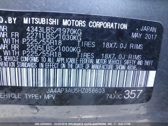 JA4AP3AU5HZ056603 - 2017 MITSUBISHI OUTLANDER SPORT ES/SE GRAY photo 9