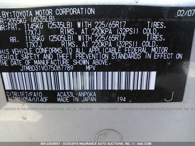 JTMBD31V075087789 - 2007 TOYOTA RAV4 LIMITED GRAY photo 9