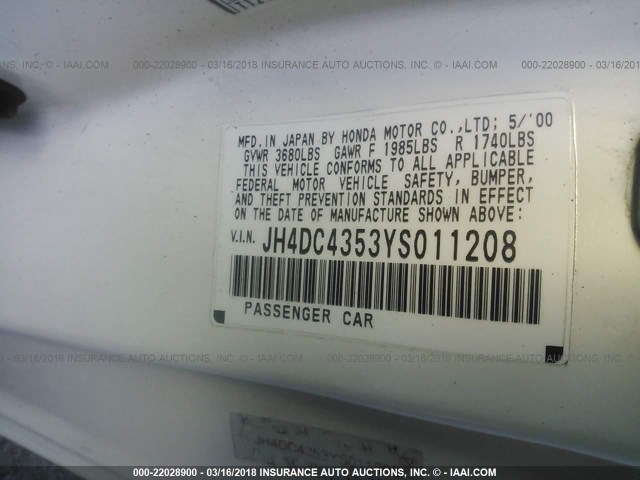 JH4DC4353YS011208 - 2000 ACURA INTEGRA LS WHITE photo 9