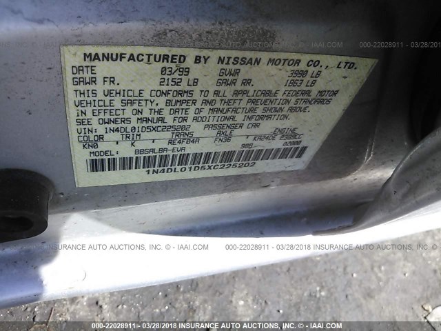 1N4DL01D5XC225202 - 1999 NISSAN ALTIMA XE/GXE/SE/GLE SILVER photo 9